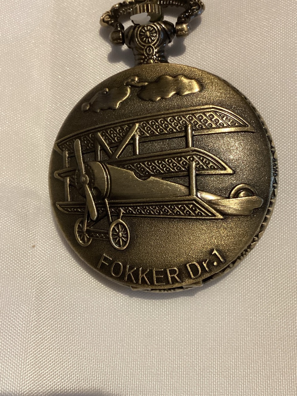 Antique-Style Bronze Pocket Watch with Fokker Dr.1 Airplane Motif
